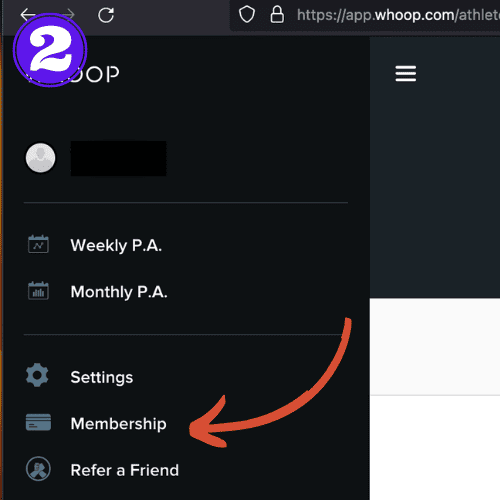 arrow highlighting the membership option in whoop app
